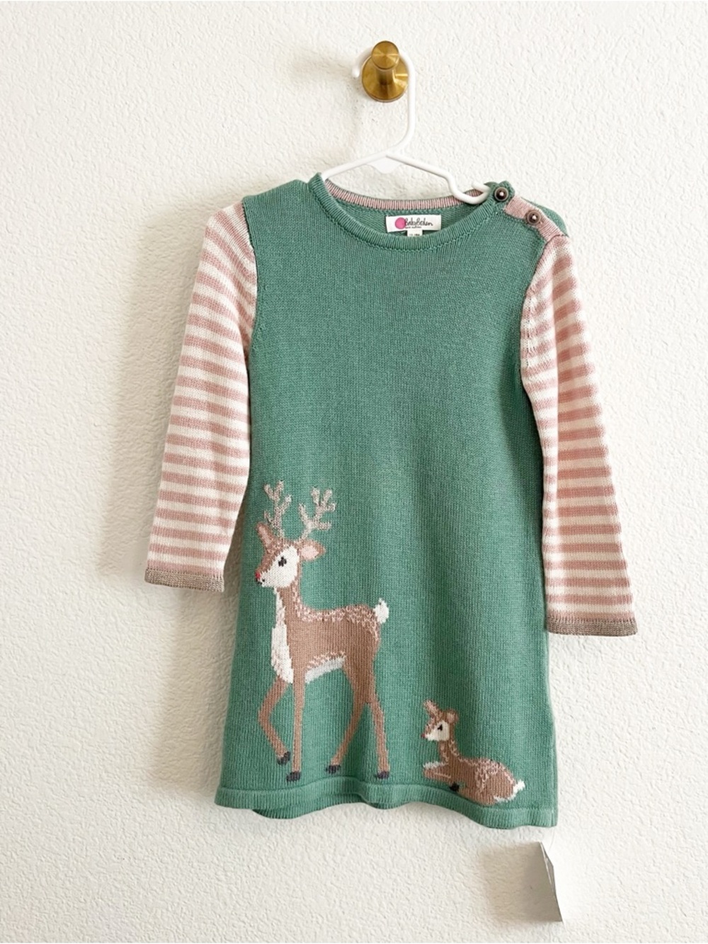 NWT Baby Boden Knit Sweater Dress Stripe and Deer Girl 12-18 months